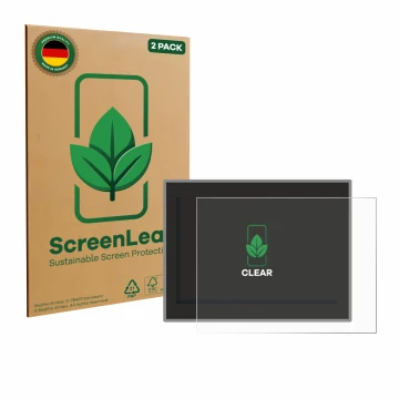Face avant d’un emballage produit avec le logo de la marque ScreenLeaf. À côté, l’appareil Jeep Compass BJ 2017-2020 (Uconnect