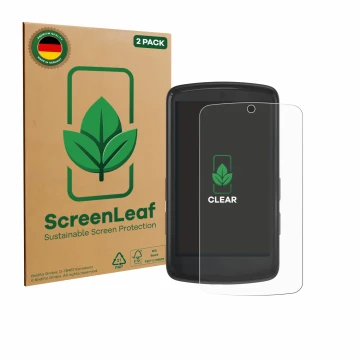 Face avant d’un emballage produit avec le logo de la marque ScreenLeaf. À côté, l’appareil Bryton Rider S810 est représenté av