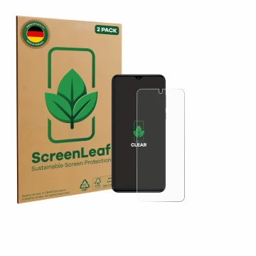 Face avant d’un emballage produit avec le logo de la marque ScreenLeaf. À côté, l’appareil ZTE Nubia Neo est représenté avec l
