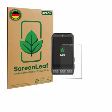 Face avant d’un emballage produit avec le logo de la marque ScreenLeaf. À côté, l’appareil Wahoo Elemnt Roam V3 est représenté