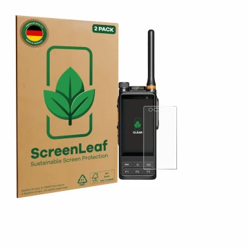 Face avant d’un emballage produit avec le logo de la marque ScreenLeaf. À côté, l’appareil Hytera PDC680 est représenté avec l