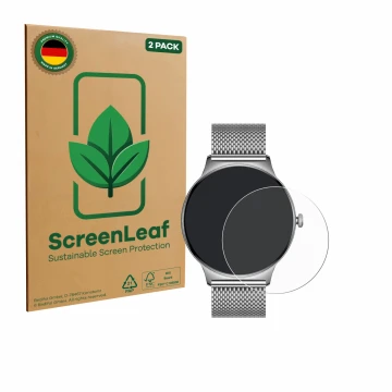 Face avant d’un emballage produit avec le logo de la marque ScreenLeaf. À côté, l’appareil Pireware Slim Smartwatch est représ