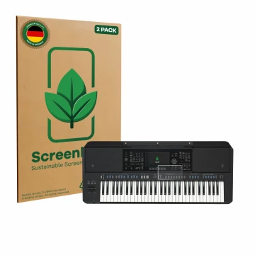 Face avant d’un emballage produit avec le logo de la marque ScreenLeaf. À côté, l’appareil Yamaha PSR-SX720 est représenté ave