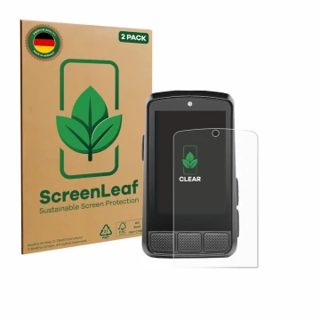 Face avant d’un emballage produit avec le logo de la marque ScreenLeaf. À côté, l’appareil Wahoo Elemnt Bolt 3 est représenté 