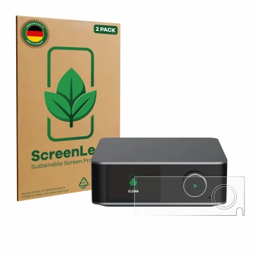 Face avant d’un emballage produit avec le logo de la marque ScreenLeaf. À côté, l’appareil WiiM Ultra est représenté avec la p