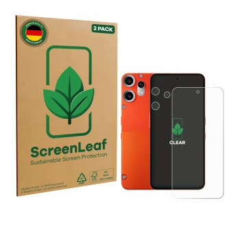 Face avant d’un emballage produit avec le logo de la marque ScreenLeaf. À côté, l’appareil Nothing CMF Phone 2 Pro (Avant+Camé