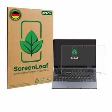 Face avant d’un emballage produit avec le logo de la marque ScreenLeaf. À côté, l’appareil Chuwi MiniBook X N150 est représent