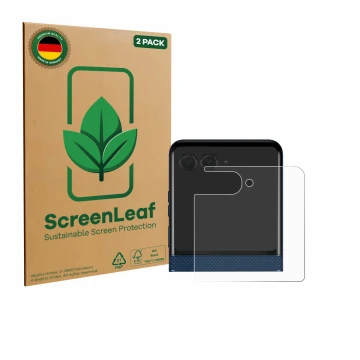 Face avant d’un emballage produit avec le logo de la marque ScreenLeaf. À côté, l’appareil Motorola Razr 60 (Affichage arrière