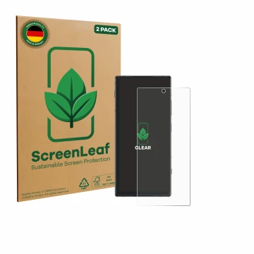 Face avant d’un emballage produit avec le logo de la marque ScreenLeaf. À côté, l’appareil ZTE Nubia Z70S Ultra est représenté