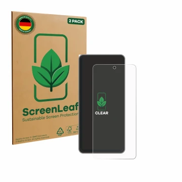 Face avant d’un emballage produit avec le logo de la marque ScreenLeaf. À côté, l’appareil realme GT 7T est représenté avec la
