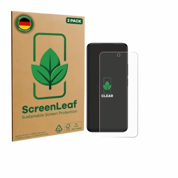 Face avant d’un emballage produit avec le logo de la marque ScreenLeaf. À côté, l’appareil TCL 60 5G est représenté avec la pr