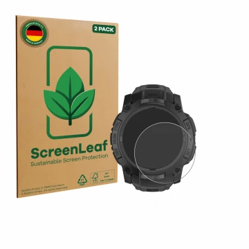 Face avant d’un emballage produit avec le logo de la marque ScreenLeaf. À côté, l’appareil Garmin Instinct 3 Tactical AMOLED E