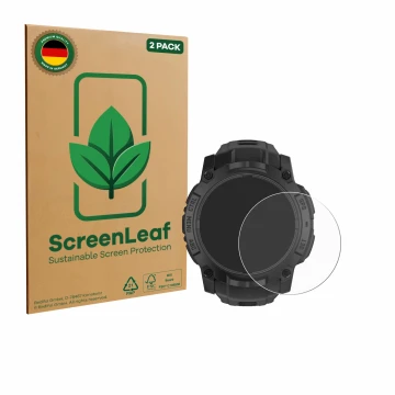 Face avant d’un emballage produit avec le logo de la marque ScreenLeaf. À côté, l’appareil Garmin Instinct 3 Solar Tactical Ed