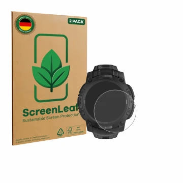 Face avant d’un emballage produit avec le logo de la marque ScreenLeaf. À côté, l’appareil Garmin Instinct 3 Solar Tactical Ed