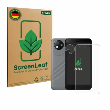 Face avant d’un emballage produit avec le logo de la marque ScreenLeaf. À côté, l’appareil ZTE Blade A35 lite (Avant+Caméra) e