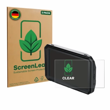 Face avant d’un emballage produit avec le logo de la marque ScreenLeaf. À côté, l’appareil Blackmagic Design Pyxis Monitor 5