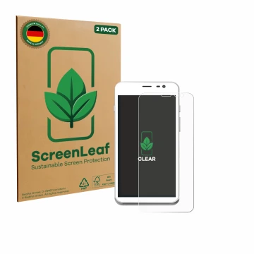 Face avant d’un emballage produit avec le logo de la marque ScreenLeaf. À côté, l’appareil Pax CCV Fly A77 est représenté avec