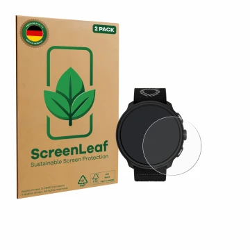 Face avant d’un emballage produit avec le logo de la marque ScreenLeaf. À côté, l’appareil Suunto Run est représenté avec la p
