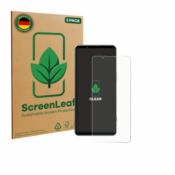 Face avant d’un emballage produit avec le logo de la marque ScreenLeaf. À côté, l’appareil Sony Xperia 1 VII est représenté av