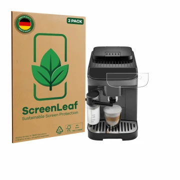 Face avant d’un emballage produit avec le logo de la marque ScreenLeaf. À côté, l’appareil DeLonghi Magnifica Evo est représen