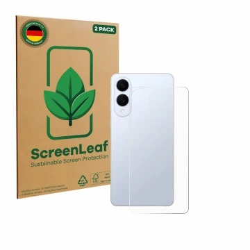 Face avant d’un emballage produit avec le logo de la marque ScreenLeaf. À côté, l’appareil Samsung Galaxy S25 Edge (Arrière) e