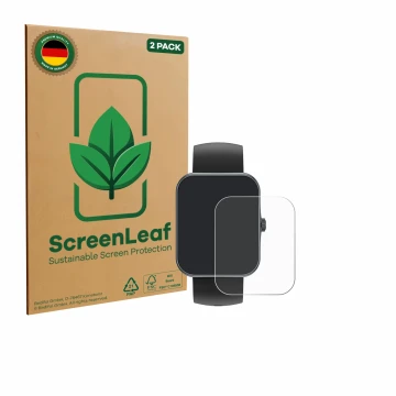 Face avant d’un emballage produit avec le logo de la marque ScreenLeaf. À côté, l’appareil Alutoria S80K 1.83