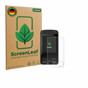 Face avant d’un emballage produit avec le logo de la marque ScreenLeaf. À côté, l’appareil Bosch Kiox 400C est représenté avec