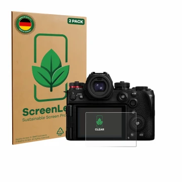 Face avant d’un emballage produit avec le logo de la marque ScreenLeaf. À côté, l’appareil Panasonic Lumix DC-S1II est représe