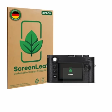 Face avant d’un emballage produit avec le logo de la marque ScreenLeaf. À côté, l’appareil Leica M11-P Safari est représenté a