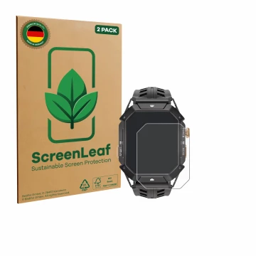 Face avant d’un emballage produit avec le logo de la marque ScreenLeaf. À côté, l’appareil Oukitel BT80 est représenté avec la