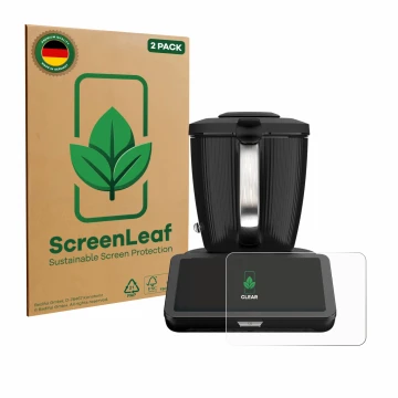 Face avant d’un emballage produit avec le logo de la marque ScreenLeaf. À côté, l’appareil Vorwerk Bimby TM7 est représenté av
