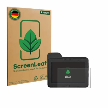 Face avant d’un emballage produit avec le logo de la marque ScreenLeaf. À côté, l’appareil Naviter Omni est représenté avec la