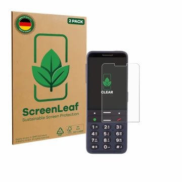 Face avant d’un emballage produit avec le logo de la marque ScreenLeaf. À côté, l’appareil BlindShell Classic 3 est représenté