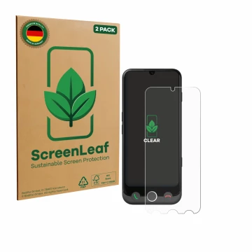 Face avant d’un emballage produit avec le logo de la marque ScreenLeaf. À côté, l’appareil Doro Aurora A30 est représenté avec