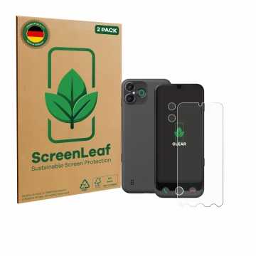Face avant d’un emballage produit avec le logo de la marque ScreenLeaf. À côté, l’appareil Doro Aurora A30 (Avant+Caméra) est 