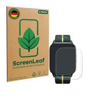 Face avant d’un emballage produit avec le logo de la marque ScreenLeaf. À côté, l’appareil Motorola Moto watch fit est représe