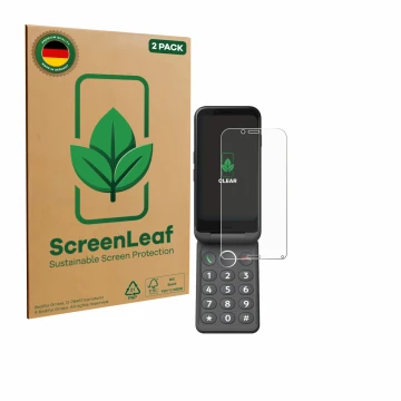 Face avant d’un emballage produit avec le logo de la marque ScreenLeaf. À côté, l’appareil Doro Aurora A20 est représenté avec