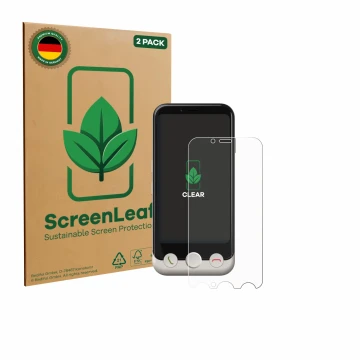Face avant d’un emballage produit avec le logo de la marque ScreenLeaf. À côté, l’appareil Doro Aurora A10 est représenté avec