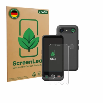 Face avant d’un emballage produit avec le logo de la marque ScreenLeaf. À côté, l’appareil Doro Aurora A10 (Avant+Caméra) est 