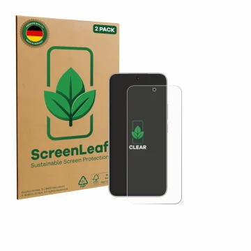 Face avant d’un emballage produit avec le logo de la marque ScreenLeaf. À côté, l’appareil Honor 400 est représenté avec la pr