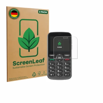 Face avant d’un emballage produit avec le logo de la marque ScreenLeaf. À côté, l’appareil Doro 1380 est représenté avec la pr