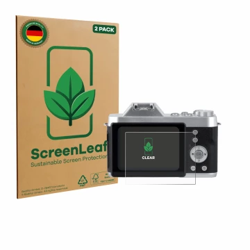 Face avant d’un emballage produit avec le logo de la marque ScreenLeaf. À côté, l’appareil Rollei Powerflex 10x Retro est repr