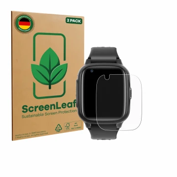 Face avant d’un emballage produit avec le logo de la marque ScreenLeaf. À côté, l’appareil Krostming Kids Smartwatch GPS 4G es