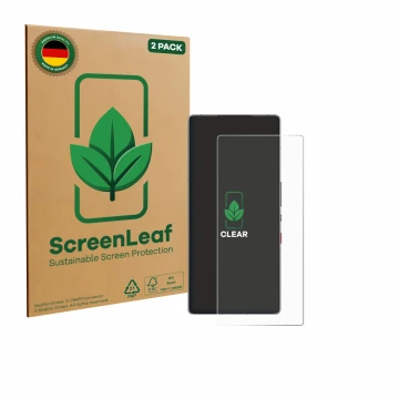 Face avant d’un emballage produit avec le logo de la marque ScreenLeaf. À côté, l’appareil ZTE Nubia Red Magic 10S Pro est rep