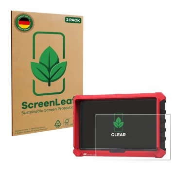 Face avant d’un emballage produit avec le logo de la marque ScreenLeaf. À côté, l’appareil Lilliput A7s 7