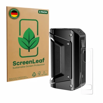 Face avant d’un emballage produit avec le logo de la marque ScreenLeaf. À côté, l’appareil GeekVape Aegis Legend 3 est représe