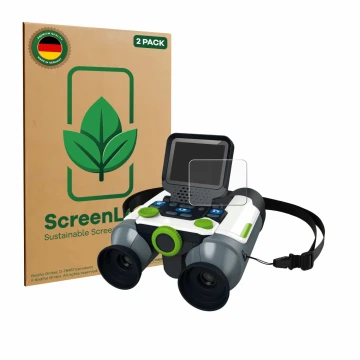 Face avant d’un emballage produit avec le logo de la marque ScreenLeaf. À côté, l’appareil Vtech Jumelles vidéo interactive es