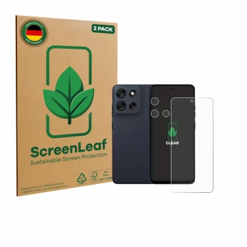 Face avant d’un emballage produit avec le logo de la marque ScreenLeaf. À côté, l’appareil Motorola Moto G56 (Avant+Caméra) es