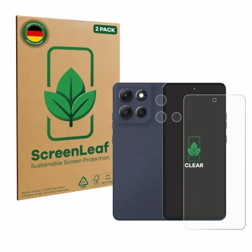 Face avant d’un emballage produit avec le logo de la marque ScreenLeaf. À côté, l’appareil Motorola Moto G86 Power (Avant+Camé