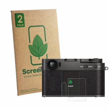 Face avant d’un emballage produit avec le logo de la marque ScreenLeaf. À côté, l’appareil Fujifilm X Half X-HF1 est représent